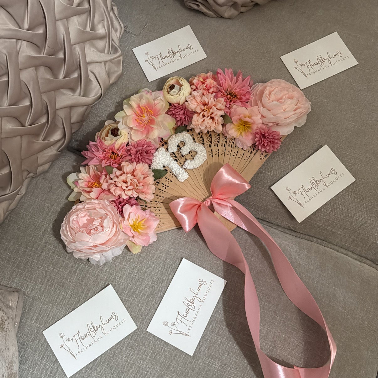 Pink faux flower fan bouquet