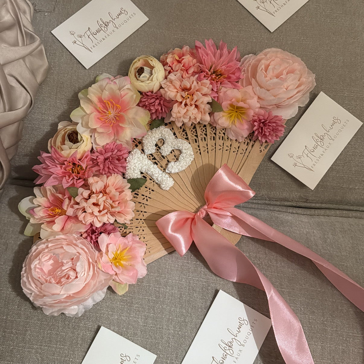 Pink faux flower fan bouquet